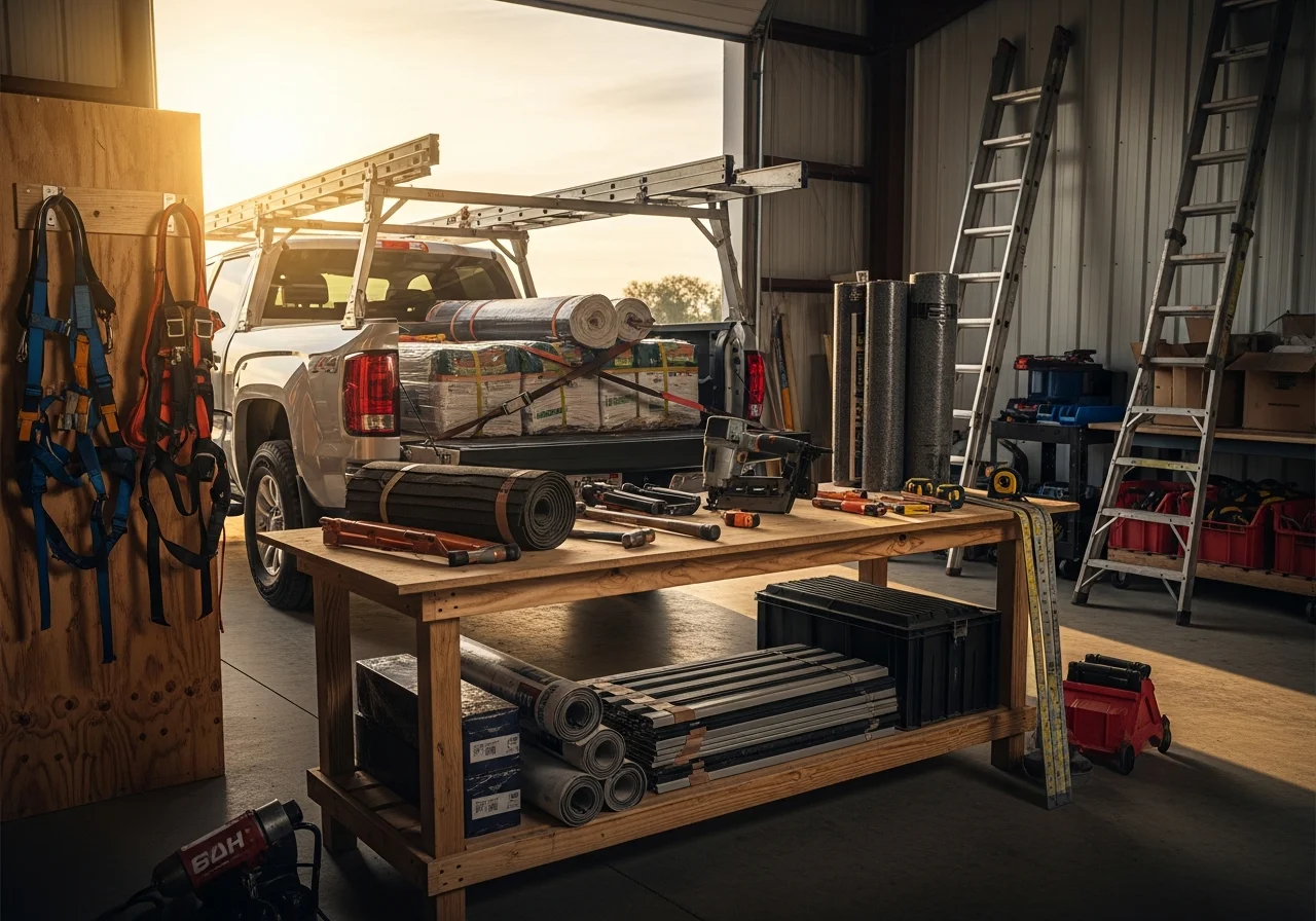 Professional roofing crew with tools and equipment ready for residential roof work.