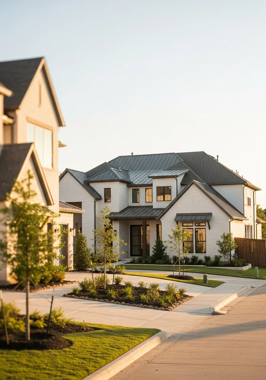 New construction home in a north Dallas subdivision with contemporary architecture and landscaping.