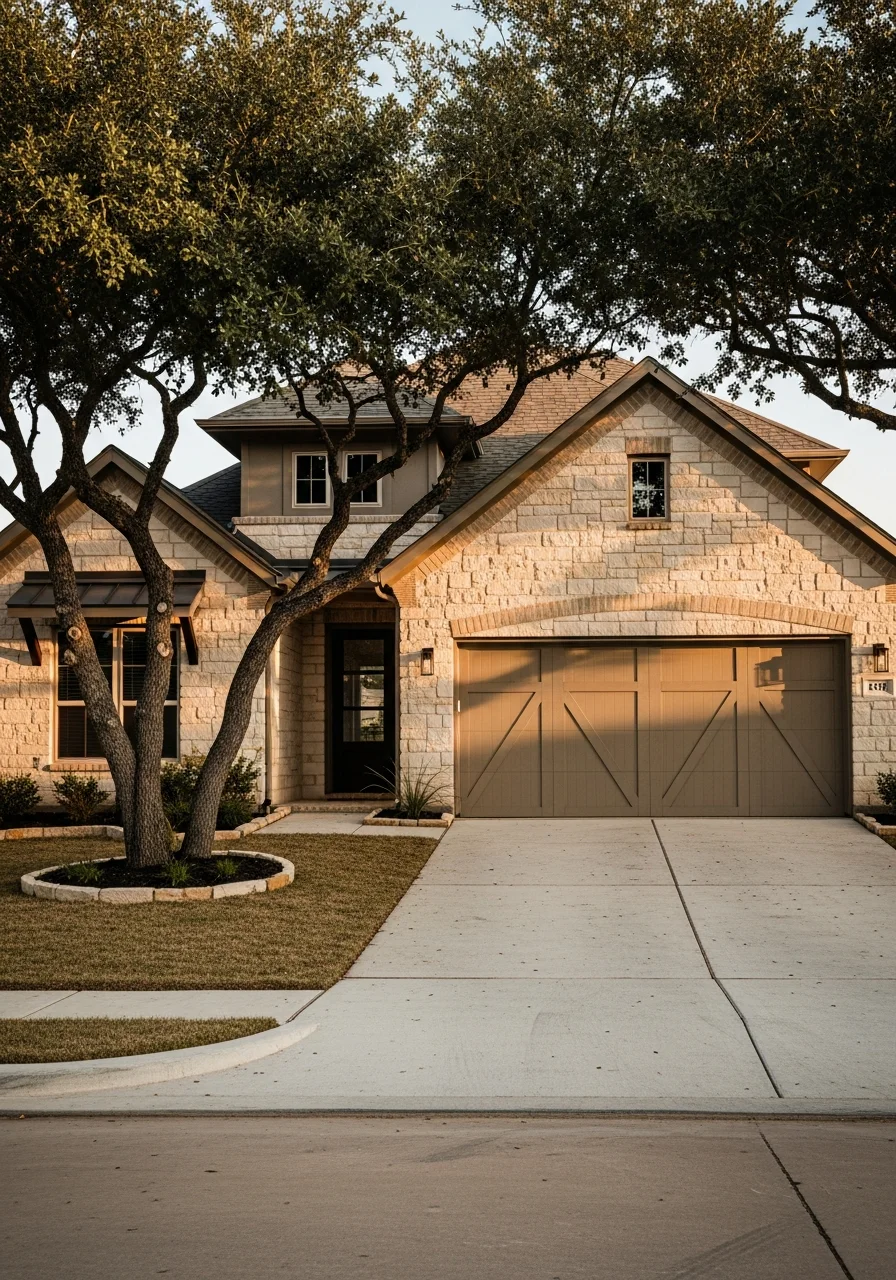 Flower Mound home exterior with modern architecture and professional landscaping.