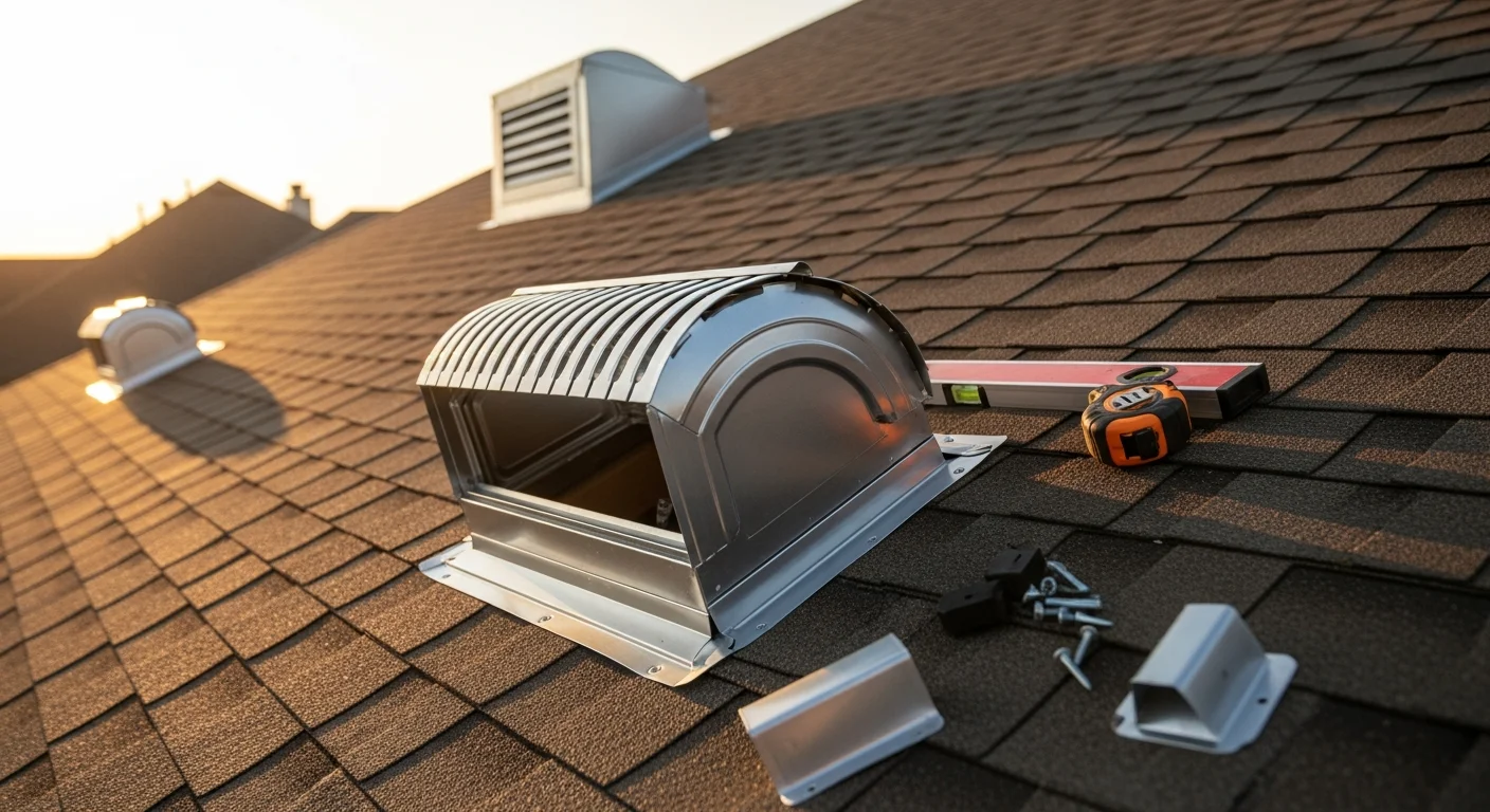 A Fort Worth residential rooftop showing newly installed ridge vents running along the peak of the roof, with soffit vents visible along the eave line. The installation is part of an attic ventilation upgrade on a single-story brick home typical of North Texas neighborhoods.