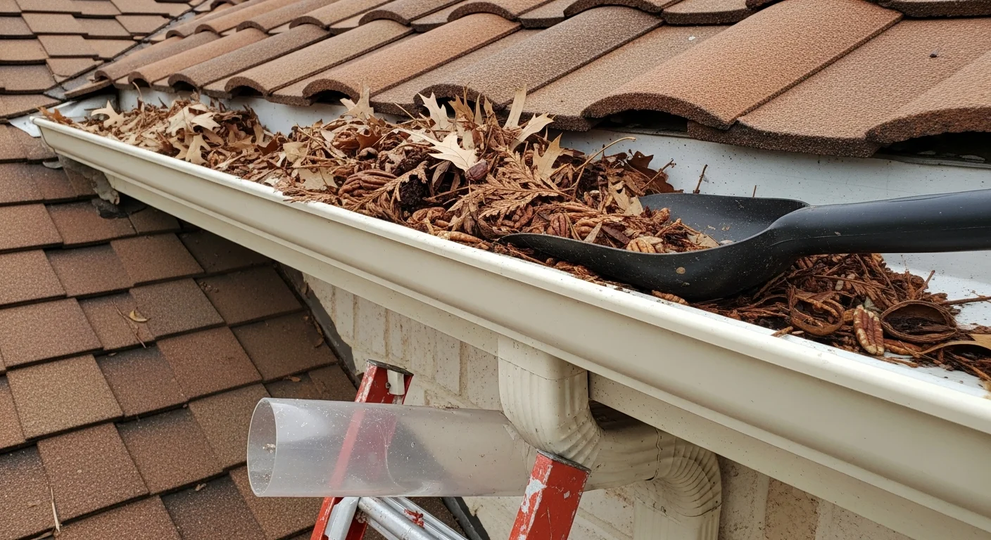 A Str8Forward Roofing & Construction crew member removing packed oak leaf and pecan debris from a residential gutter on a Fort Worth home. Clean downspouts and cleared channels are visible after the service is complete.