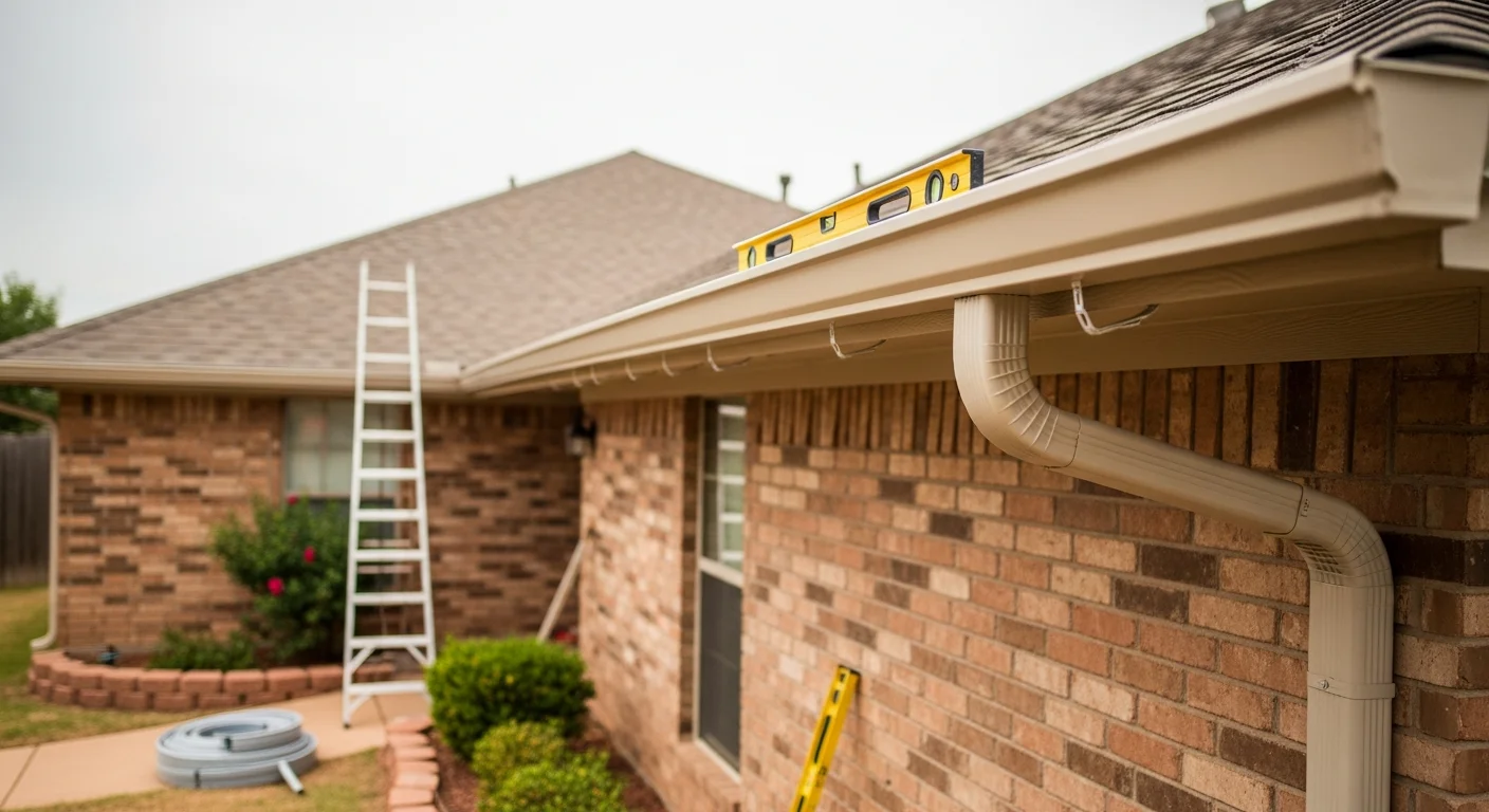 Newly installed gutters running along the roofline of a Fort Worth residential home, with downspouts directed away from the foundation. Close view shows clean fascia attachment and proper pitch toward the downspout outlet.