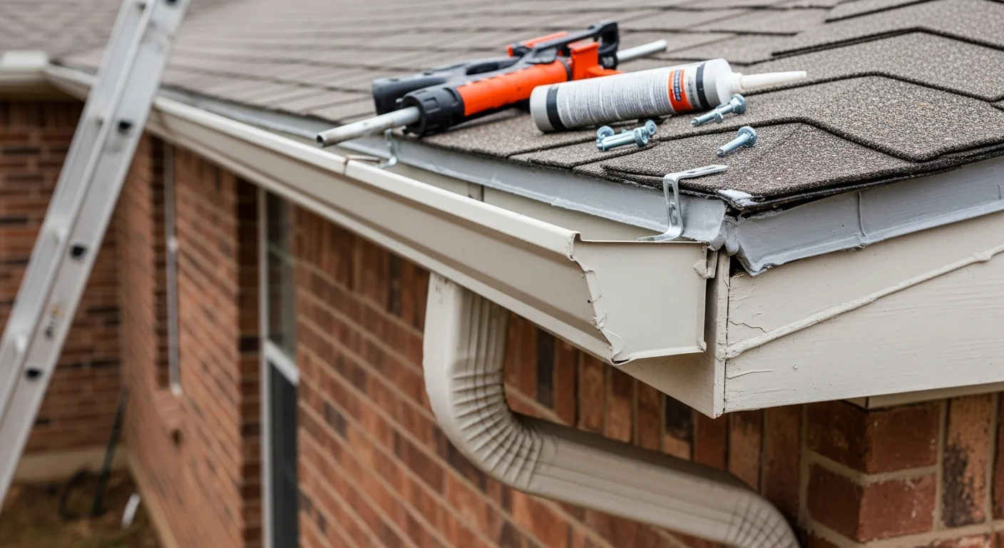 A repaired gutter section on a Fort Worth residential home, with resealed joints and properly aligned hangers securing the run to the fascia. Downspout directs water away from the foundation on a single-story brick home typical of Tarrant County neighborhoods.