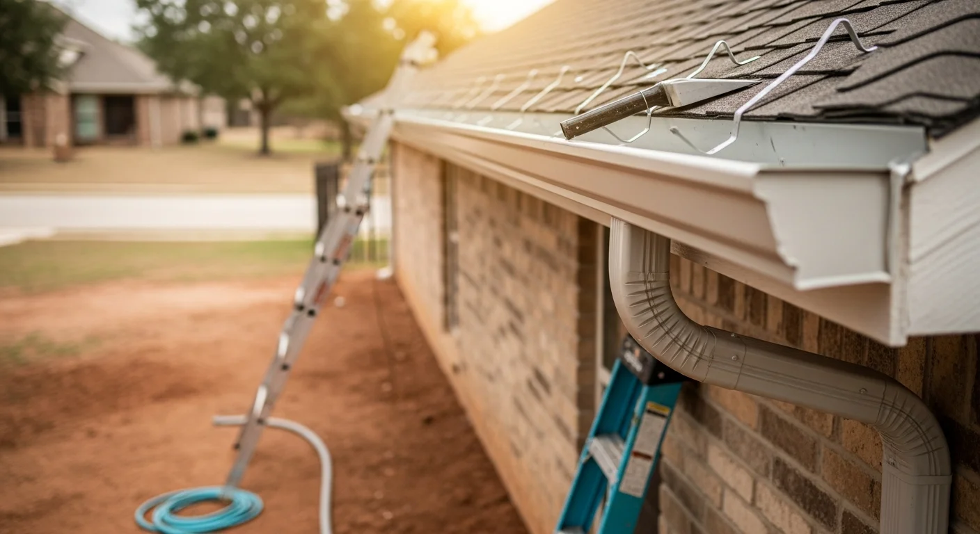 A newly installed seamless gutter system running along the roofline of a single-story Fort Worth home, with a downspout directing water away from the foundation. The replacement gutters show clean, unbroken sections and properly spaced hangers against a brick exterior typical of North Texas residential construction.