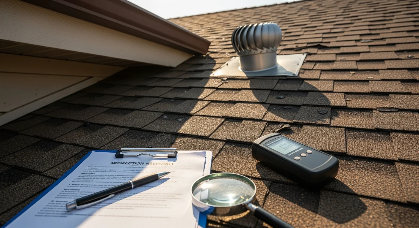 A roofing contractor from Str8Forward Roofing & Construction inspecting shingles and flashing on a residential roof in Fort Worth, TX. Close-up view shows granule loss and hail impact marks on asphalt shingles under clear Texas sky.