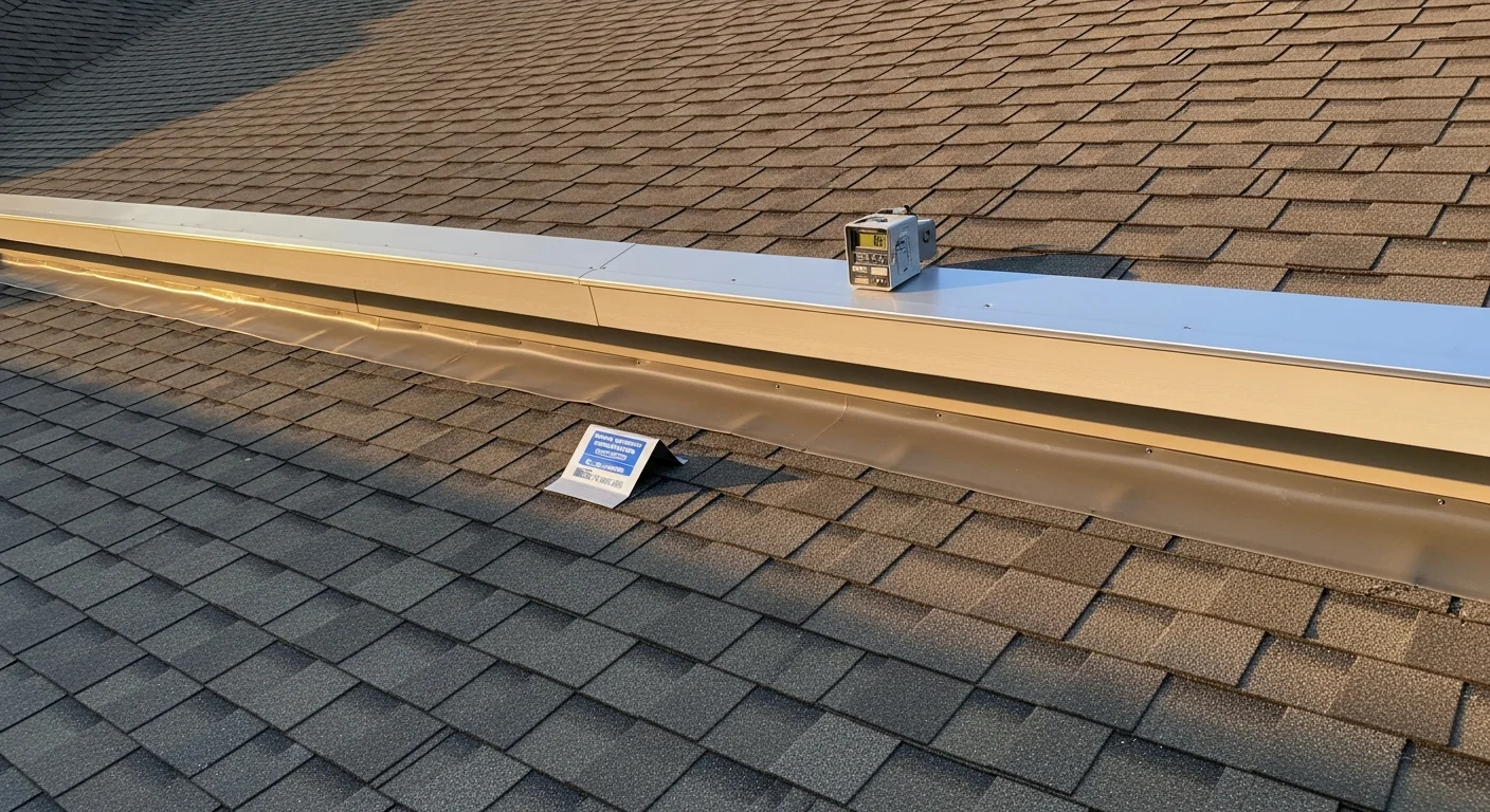 A Fort Worth residential roof showing ridge vents and soffit intake vents installed by Str8Forward Roofing & Construction. The image shows a balanced ventilation system on a single-family home under a clear Texas sky.