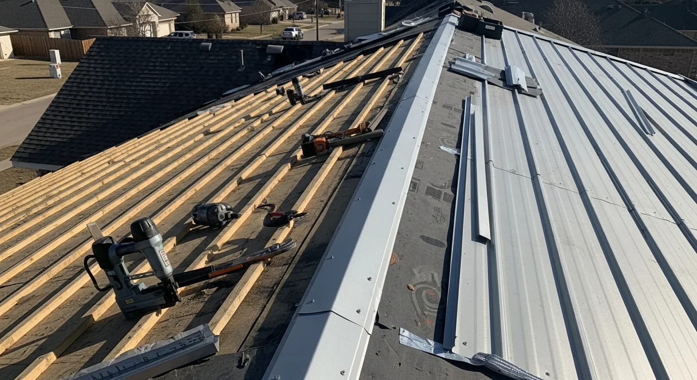 Completed metal roof installation on a residential home in Fort Worth, Texas, showing clean panel alignment and finished ridge and flashing details. The roof is photographed from street level against a clear Texas sky.