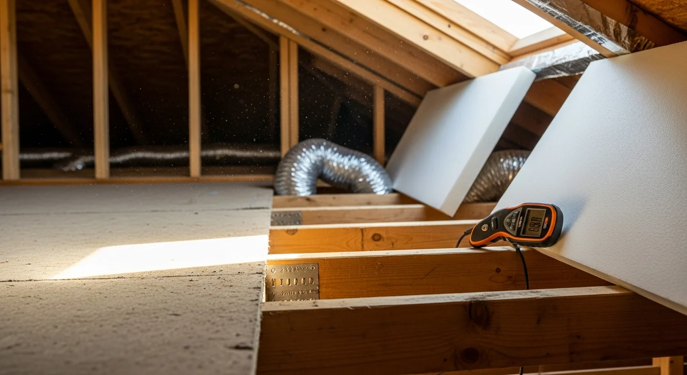 A Fort Worth home crawl space with a newly installed vapor barrier covering the ground and lower foundation walls, showing dry, clean conditions beneath the subfloor. Attic space above shows open soffit and ridge ventilation corrected by Str8Forward Roofing & Construction to reduce moisture buildup.