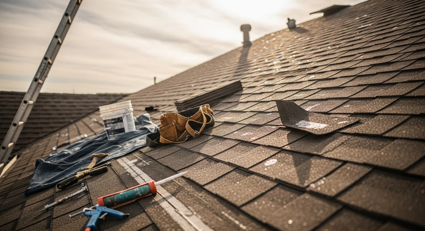A Fort Worth roofing contractor repairing hail-damaged shingles on a residential home in Tarrant County. Close-up view shows replaced shingles and sealed flashing along the roof slope.