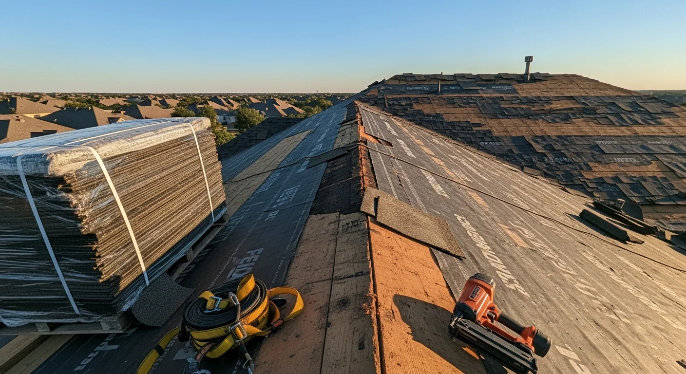 A completed roof replacement on a single-family home in Fort Worth, Texas, showing new shingles installed across the full roofline. A Str8Forward Roofing and Construction crew works on the slope against a clear North Texas sky.
