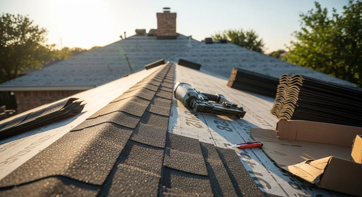 A Fort Worth residential home with a completed shingle roof replacement, showing clean ridge lines and uniform shingles under a clear Texas sky. Str8Forward Roofing & Construction crew members visible on the ground completing final cleanup after installation.