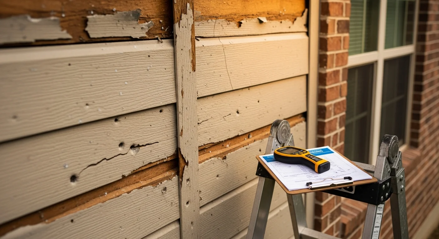 A siding contractor inspecting hail-damaged exterior panels on a Fort Worth residential home, noting cracks and impact marks along the wall face. Close-up view shows dented and cracked siding sections with visible moisture entry points near a window trim joint.