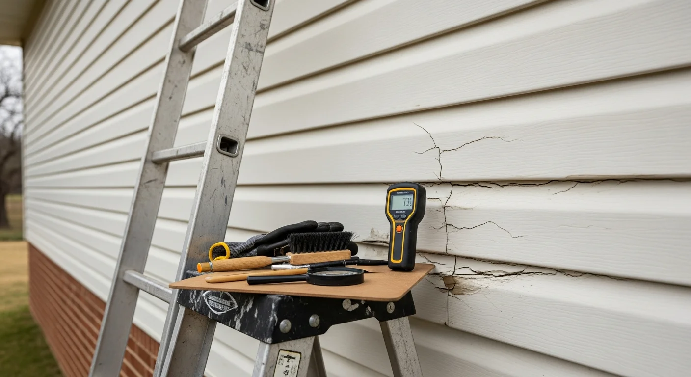 A Str8Forward Roofing & Construction contractor inspecting the exterior siding panels of a Fort Worth, TX residential home for hail damage and moisture intrusion. Close-up view showing panel seams and impact marks on the home's outer wall.