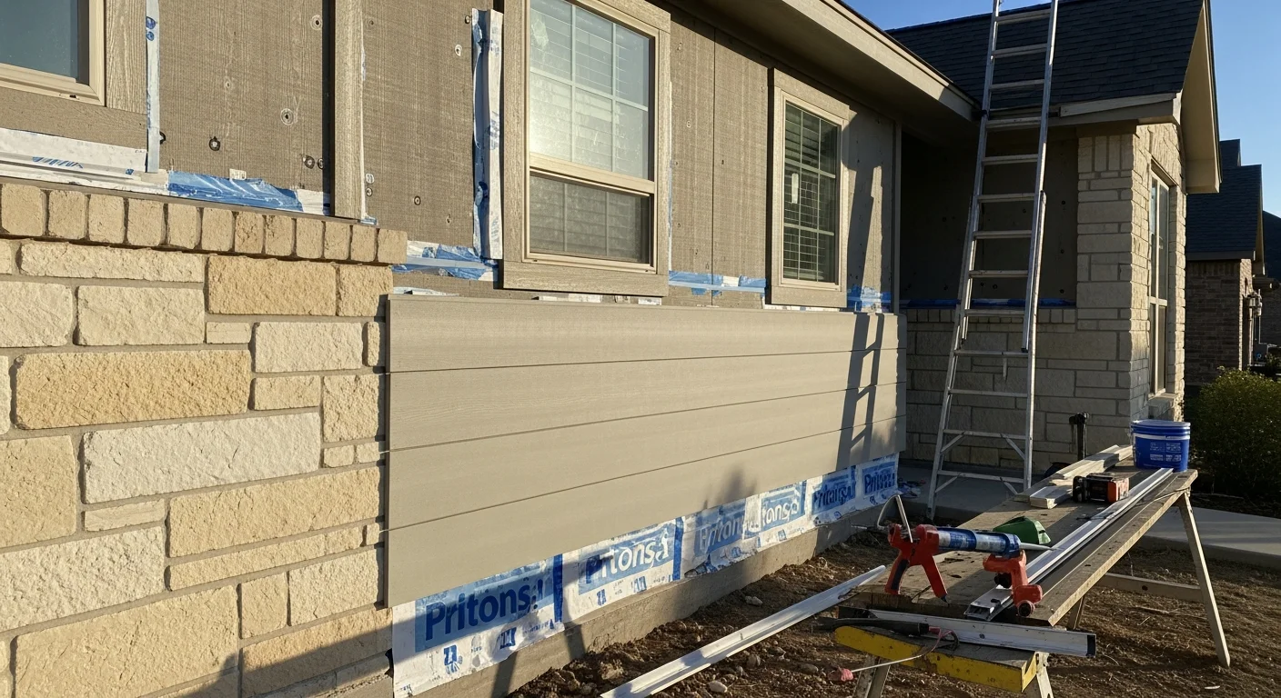 Newly installed siding on a single-family home in Fort Worth, TX, with clean panel lines and finished trim around windows and corners. The updated exterior shows no visible gaps or weathering against a clear North Texas sky.