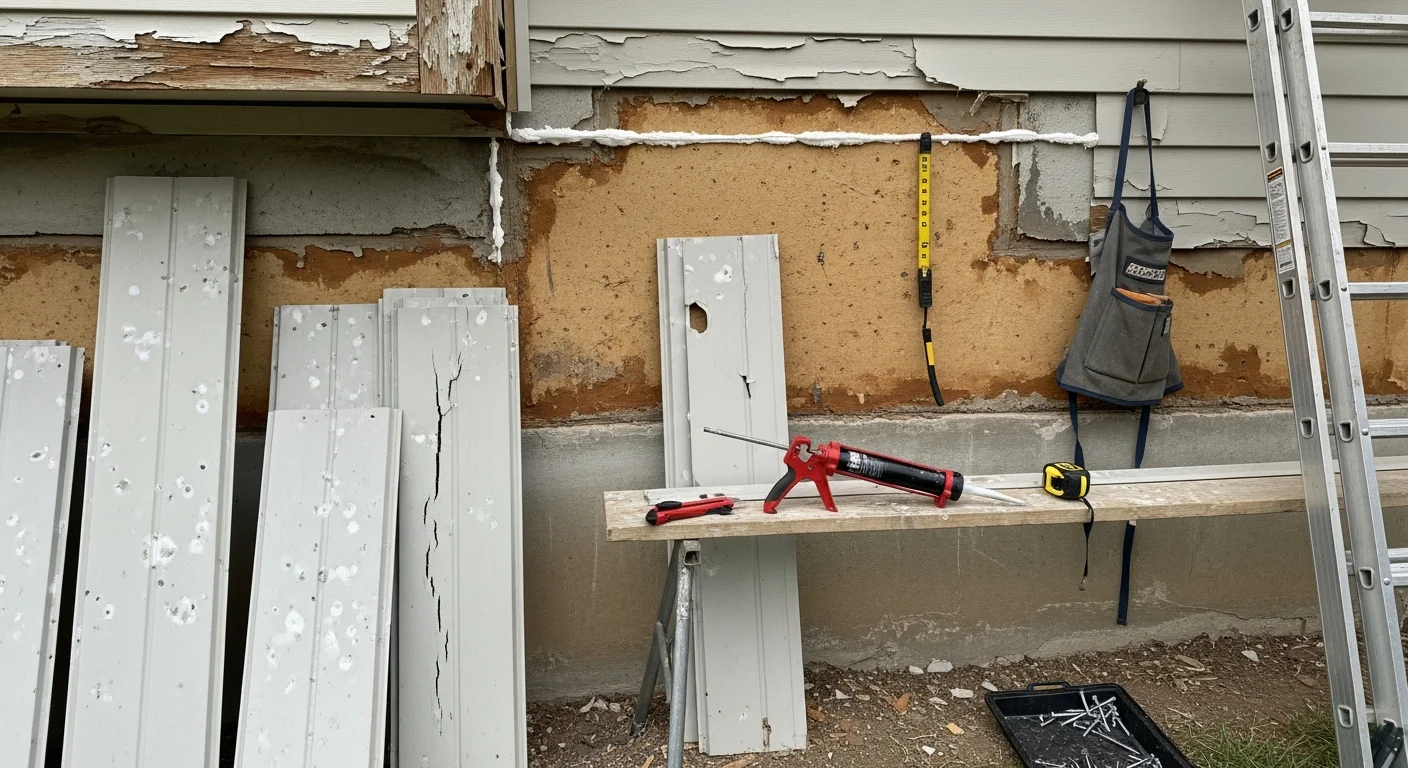 A Fort Worth contractor replacing cracked and warped siding panels on the exterior wall of a single-story residential home. Freshly installed matching siding sections sit alongside the original cladding on a sun-exposed elevation.