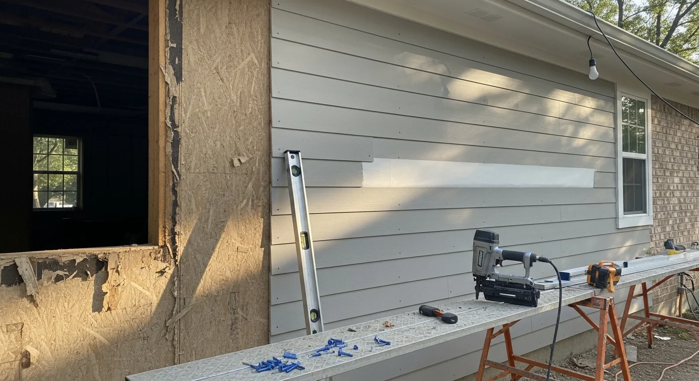 Freshly installed exterior siding on a single-story Fort Worth, TX home, showing clean panel alignment and updated curb appeal. A Str8Forward Roofing & Construction crew works on the exterior walls under a clear North Texas sky.