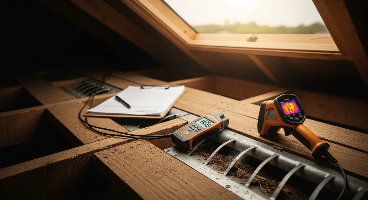 A roofing contractor inspecting attic soffit vents and ridge vents on a single-story Fort Worth home during a ventilation assessment. The image shows the roof deck and vent placement being evaluated for proper intake and exhaust airflow balance.