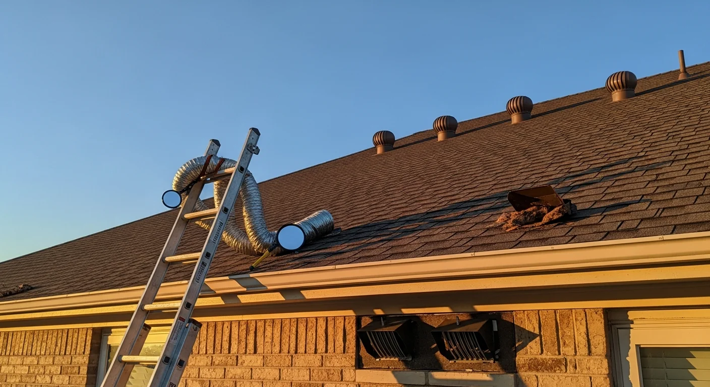 A roofing technician inspecting and repairing a ridge vent on a residential roof in Fort Worth, Texas. Repaired soffit vents are visible along the roofline of a single-story home under a clear Texas sky.